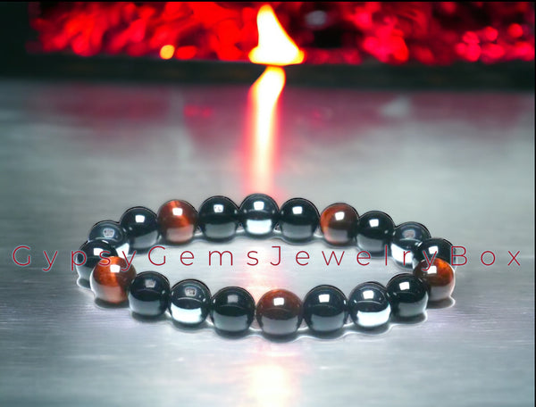 Triple Protection - Tiger Eye Red + Black Onyx + Hematite Custom Size Round Smooth Stretch (8mm or 10mm beads) Natural Gemstone Crystal Energy Bead Bracelet