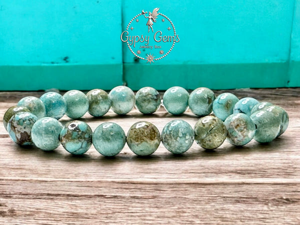 Turquoise - Genuine Natural Blue  Green Copper Vein Turquoise, Custom Size, Round Stretch (8mm) Natural Gemstone Crystal Energy Bead Bracelet