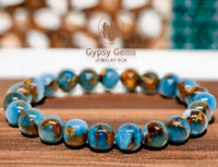 Variscite - Lake Blue Variscite aka “Impression Cloisonne Jasper” Custom Size Round Smooth Stretch (8mm) Natural Gemstone Crystal Energy Bead Bracelet