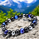 Triple Protection - Tiger Eye Royal Blue + Black Onyx + Hematite Custom Size Round Smooth Stretch (8mm or 10mm beads) Natural Gemstone Crystal Energy Bead Bracelet