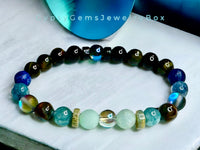 Water Element Bracelet•Aura Crystal, Amazonite, Aquamarine, Cloisonné, Apatite, Lapis Lazuli, Blue Tiger Eye, Obsidian, Blue Aura, Ebony Wood, Serpentine • Custom Size - Round Smooth Stretch (8mm) Natural Gemstone Crystal Energy Bead Bracelet