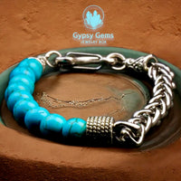 Turquoise- Blue Howlite•Beads Meet Chain•Stainless Steel Wheat Chain (8mm) Lobster Clasp Natural Gemstone Crystal Energy Bead Bracelet