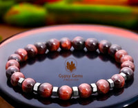 Tiger’s Eye - Red Tiger Eye• Hematite Hexagon Spacers Custom Size Round Smooth Stretch (8mm) Natural Gemstone Crystal Energy Bead Bracelet