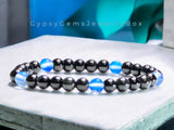 Water Element Bracelet•Blue Aura Crystal, Black Onyx•Minimalist (6mm) •Custom Size•Round Smooth Stretch Natural Gemstone Crystal Energy Bead Bracelet