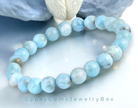 Larimar Dominican Caribbean Blue•Custom Size•Round Smooth Stretch (8mm) Natural Gemstone Crystal Energy Bead Bracelet