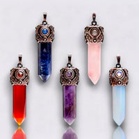 Filigree Leaf Copper Hexagonal Natural Gemstone Crystal Point Pendulum Pendant/Choose Chain