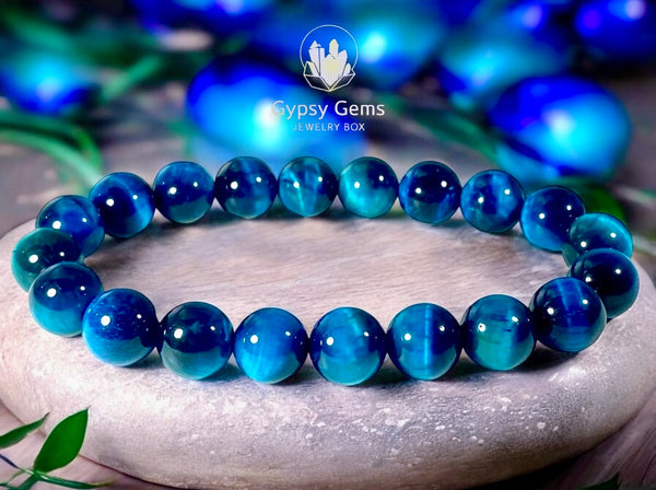 Tiger’s Eye - Teal Peacock Blue Custom Size Round Smooth Stretch (8mm) Natural Gemstone Crystal Energy Bead Bracelet