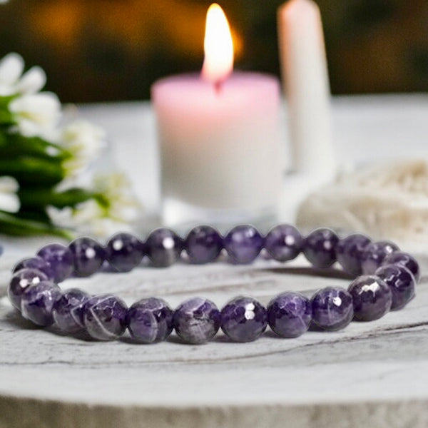 Amethyst - Dark Purple Custom Size Faceted Round Stretch (8mm) Natural Gemstone Crystal Energy Bead Bracelet