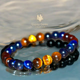 Tiger’s Eye - Red-Blue-Yellow Trio Trinity Multi Color Custom Size Round Smooth Stretch (8mm) Natural Gemstone Crystal Energy Bead Bracelet