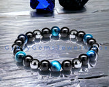 Triple Protection - Tiger Eye Teal Blue + Black Onyx + Hematite Custom Size Round Smooth Stretch (8mm or 10mm beads) Natural Gemstone Crystal Energy Bead Bracelet