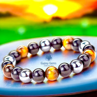 Triple Protection - Tiger Eye Yellow + Black Onyx + Hematite Custom Size Round Smooth Stretch (8mm or 10mm beads) Natural Gemstone Crystal Energy Bead Bracelet