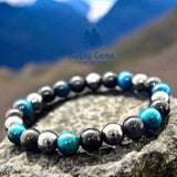 Triple Protection - Tiger Eye Teal Blue + Black Onyx + Hematite Custom Size Round Smooth Stretch (8mm or 10mm beads) Natural Gemstone Crystal Energy Bead Bracelet