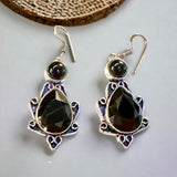 Obsidian Black Double Stone Natural Gemstone Pear & Circle Bezel, Drop Dangle Hook .925 Sterling Silver Stamped Earrings