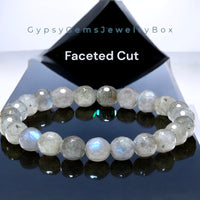 Labradorite - Rainbow Labradorite Diamond Cut Faceted Custom Size Round Stretch (8mm) Natural Gemstone Crystal Energy Bead Bracelet