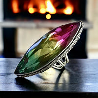 Tourmaline Tri-Color - Multi Color Rainbow Dichroic Natural Gemstone .925 Sterling Silver Double Point Statement Ring (Size: 9.5)