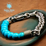 Turquoise- Blue Howlite•Beads Meet Chain•Stainless Steel Wheat Chain (8mm) Lobster Clasp Natural Gemstone Crystal Energy Bead Bracelet