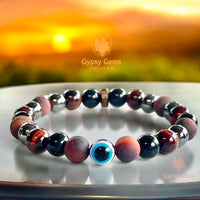 Triple Protection - Tiger Eye Red + Black Obsidian + Hematite + Evil Eye + Rosewood Custom Size Round Smooth Stretch (8mm) Natural Gemstone Crystal Energy Bead Bracelet