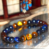 Tiger’s Eye - Red-Blue-Yellow Trio Trinity Multi Color Custom Size Round Smooth Stretch (8mm) Natural Gemstone Crystal Energy Bead Bracelet