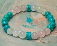 Turquoise - Blue Turquoise, Rainbow Moonstone, Rose Quartz - “Rise Above” - Custom Size, Round Smooth Stretch (8mm) Natural Gemstone Crystal Energy Bead Bracelet