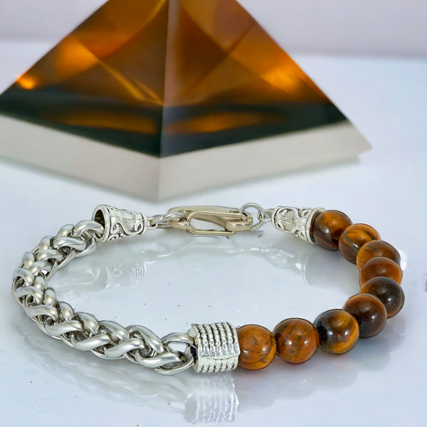 Tiger’s Eye - Yellow Golden Tiger’s Eye Half Bead Half Stainless Steel Wheat Chain (8mm) Lobster Clasp Natural Gemstone Crystal Energy Bead Bracelet