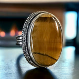 Tiger’s Eye Golden Yellow Natural Gemstone .925 Sterling Silver Oval Statement Ring (Size 7.25)