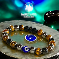 Personal Power - Tiger Eye Yellow + Black Obsidian + Hematite + Evil Eye + Rose Wood Custom Size Round Smooth Stretch (8mm) Natural Gemstone Crystal Energy Bead Bracelet