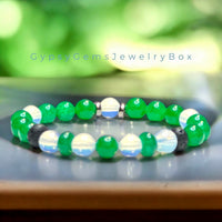 Jade - Jadeite Imperial Green•Opalite•Black Lava Stone•Custom Size Round Smooth Stretch (8mm) Natural Gemstone Crystal Energy Bead Bracelet