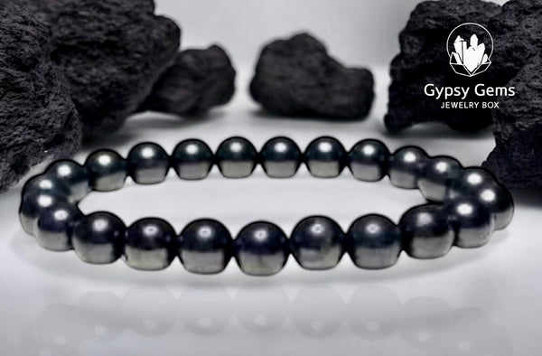 Shungite Genuine Round Smooth Stretch (8mm) Natural Gemstone Crystal Energy Bead Bracelet