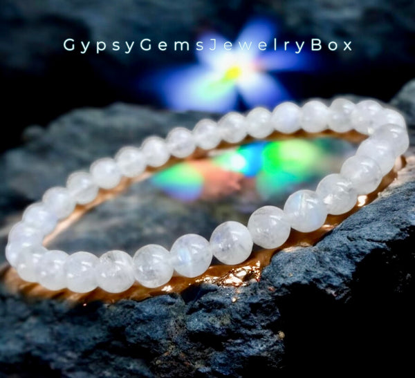 Moonstone White Rainbow Moonstone Minimalist (6mm) Custom Size Round Smooth Stretch Natural Gemstone Crystal Energy Bead Bracelet