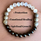 Intention•Protection • Emotional Healing • Spiritual Growth - Selenite, Labradorite, Black Obsidian • Custom Size - Round Smooth Stretch (8mm) Natural Gemstone Crystal Energy Bead Bracelet