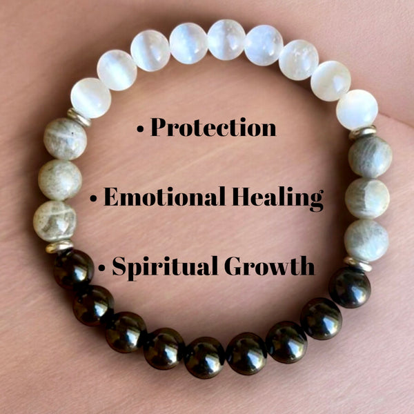 Protection • Emotional Healing • Spiritual Growth - Selenite, Labradorite, Black Obsidian • Custom Size - Round Smooth Stretch (8mm) Natural Gemstone Crystal Energy Bead Bracelet