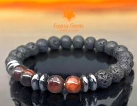 Tiger’s Eye - Red Tiger’s Eye + Hematite Saucer beads + Lava Stone Custom Size Round Smooth Stretch (8mm) Natural Gemstone Crystal Energy Bead Bracelet