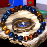 Tiger’s Eye - Red-Blue-Yellow Trio Trinity Multi Color Custom Size Round Smooth Stretch (8mm) Natural Gemstone Crystal Energy Bead Bracelet