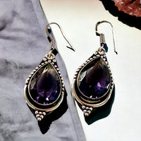 Amethyst Natural Gemstone Pear Drop Dangle Hook .925 Sterling Silver Stamped Earrings