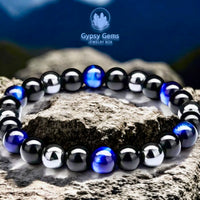 Triple Protection - Tiger Eye Royal Blue + Black Onyx + Hematite Custom Size Round Smooth Stretch (8mm or 10mm beads) Natural Gemstone Crystal Energy Bead Bracelet