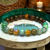 Wood Element Bracelet•Green & Brown Aura Crystal, Smokey Quartz, Burma Jade, Dragons Vein, Aventurine, Malachite, Carnelian, Bronzite, Coffee Jasper, Brown Lava, Rudraksha• Custom Size•Stretch (8mm) Natural Gemstone Crystal Energy Bead Bracelet