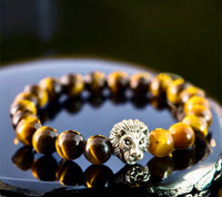 Tiger’s Eye - Yellow•Silver or Gold Lion Head Symbol•Custom Size•Round Smooth Stretch (8mm) Natural Gemstone Crystal Energy Bead Bracelet