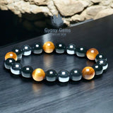 Triple Protection - Tiger Eye Yellow Honey (Golden Sun) + Black Onyx + Hematite Custom Size Round Smooth Stretch (8mm or 10mm beads) Natural Gemstone Crystal Energy Bead Bracelet