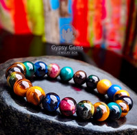 Tiger’s Eye - Galaxy Multi-Color Tiger Eye•Unicorn Custom Size Round Smooth Stretch (8mm) Natural Gemstone Crystal Energy Bead Bracelet