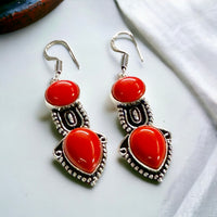 Red Coral Double Stone Bezel Natural Gemstone Pear & Circle Drop Dangle Hook .925 Sterling Silver Stamped Earrings