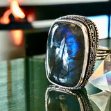 Labradorite Rainbow Natural Gemstone .925 Sterling Silver Oblong Statement Ring (Size 8.75)