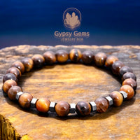 Tiger’s Eye - Yellow Tiger Eye• Hematite Hexagon Spacers Custom Size Round Smooth Stretch (8mm) Natural Gemstone Crystal Energy Bead Bracelet