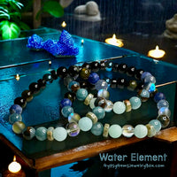 Water Element Bracelet•Aura Crystal, Amazonite, Aquamarine, Cloisonné, Apatite, Lapis Lazuli, Blue Tiger Eye, Obsidian, Blue Aura, Ebony Wood, Serpentine • Custom Size - Round Smooth Stretch (8mm) Natural Gemstone Crystal Energy Bead Bracelet