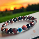 Triple Protection - Tiger Eye Red + Black Obsidian + Hematite + Evil Eye + Rosewood Custom Size Round Smooth Stretch (8mm) Natural Gemstone Crystal Energy Bead Bracelet