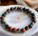 Triple Protection - Tiger Eye Red + Black Obsidian + Hematite + Rose Wood Custom Size Round Smooth Stretch (8mm) Natural Gemstone Crystal Energy Bead Bracelet