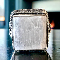 Selenite Natural Gemstone .925 Sterling Silver Statement Ring (Size 9)