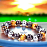 Triple Protection - Tiger Eye Yellow + Black Onyx + Hematite Custom Size Round Smooth Stretch (8mm or 10mm beads) Natural Gemstone Crystal Energy Bead Bracelet