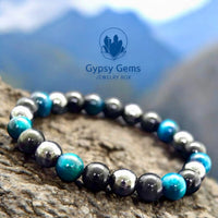 Triple Protection - Tiger Eye Teal Blue + Black Onyx + Hematite Custom Size Round Smooth Stretch (8mm or 10mm beads) Natural Gemstone Crystal Energy Bead Bracelet