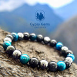 Triple Protection - Tiger Eye Teal Blue + Black Onyx + Hematite Custom Size Round Smooth Stretch (8mm or 10mm beads) Natural Gemstone Crystal Energy Bead Bracelet