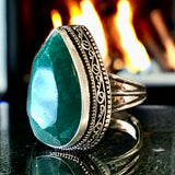 Emerald Natural Genuine Faceted Gemstone .925 Sterling Silver Pear Point Ring (Size: 9)